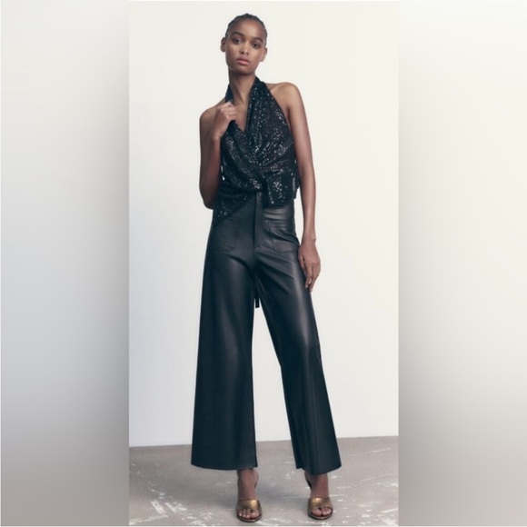 Zara Pants - NWT Zara Faux Leather Marine Pants | Black Wide-Leg | High Rise | Size 6